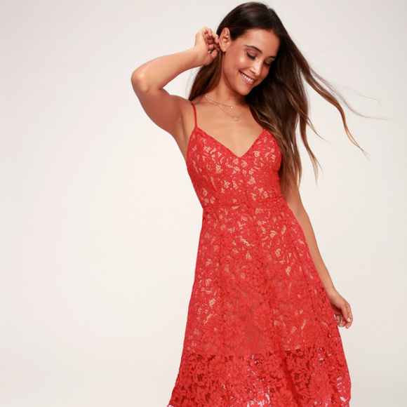 Red Lace Midi Dress - Picture 1 of 4
